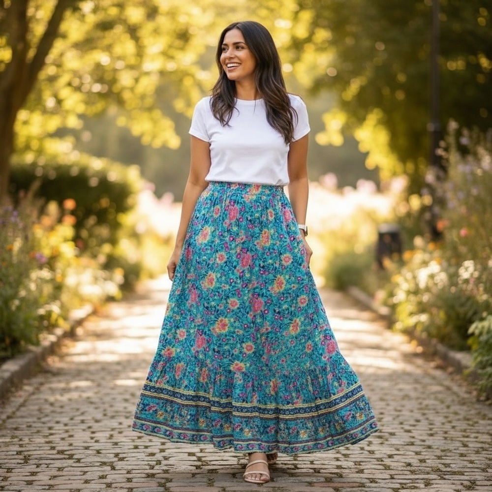 MEROKEETY Boho Floral
Print Pleated Skirt size L